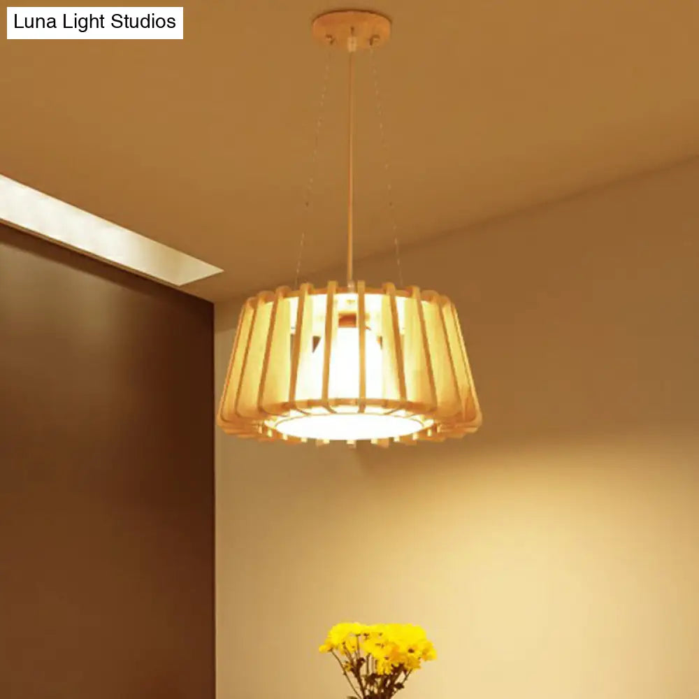 Modern 1-Light Wooden Drum Pendant Lamp With Inner Fabric Shade