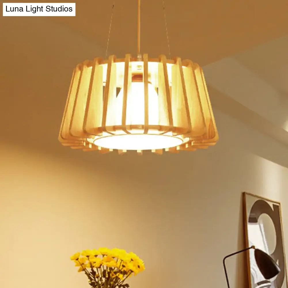Modern 1-Light Wooden Drum Pendant Lamp With Inner Fabric Shade
