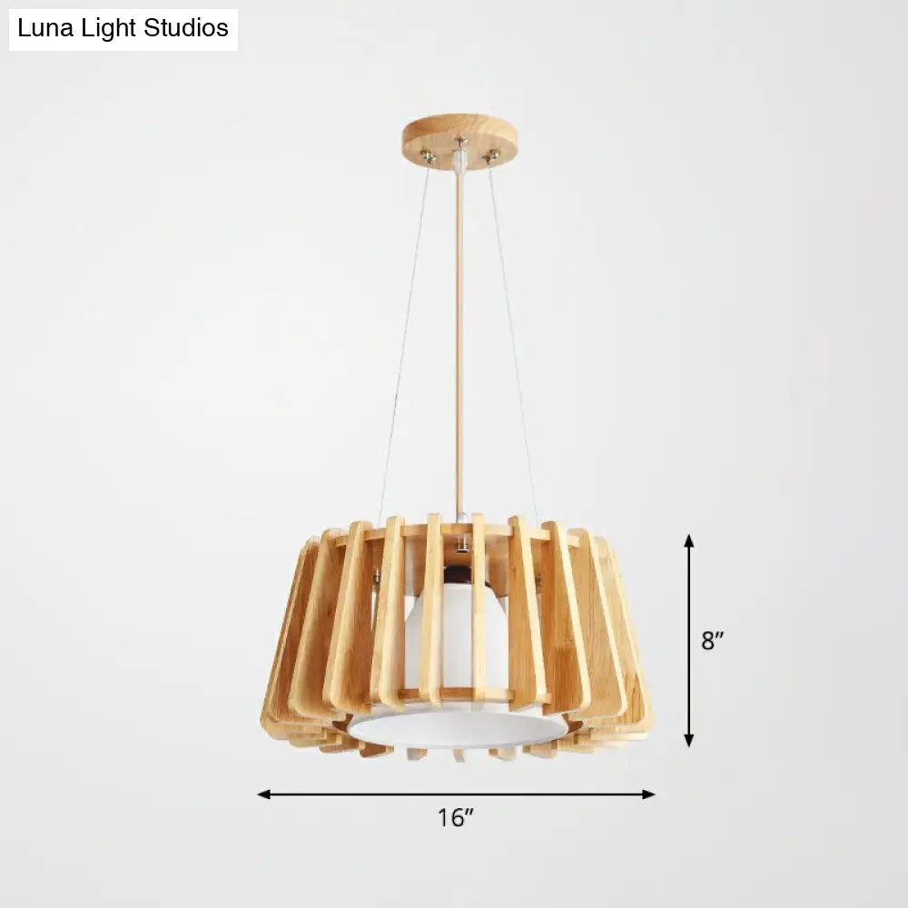 Contemporary Wooden Drum Suspension Lamp With Conical Fabric Shade - 1-Light Pendant Fixture Wood