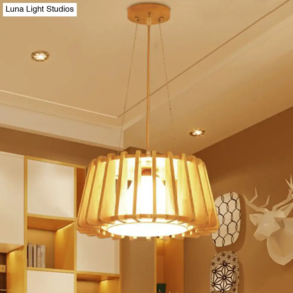 Contemporary Wooden Drum Suspension Lamp With Conical Fabric Shade - 1-Light Pendant Fixture