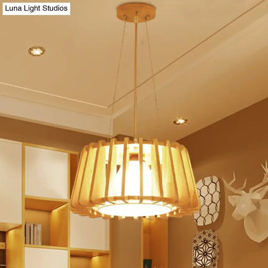 Contemporary Wooden Drum Suspension Lamp With Conical Fabric Shade - 1-Light Pendant Fixture
