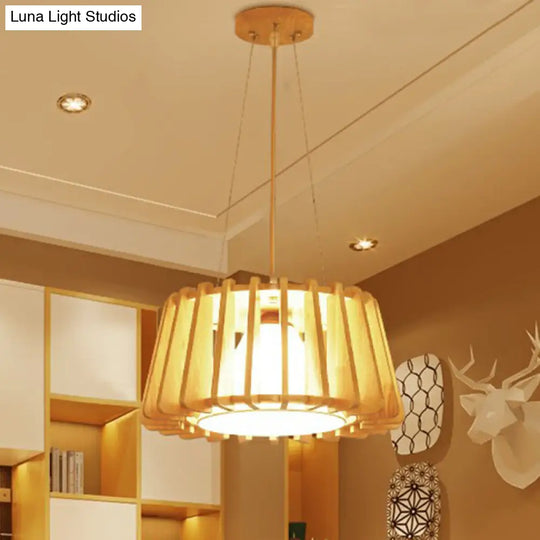 Modern 1-Light Wooden Drum Pendant Lamp With Inner Fabric Shade