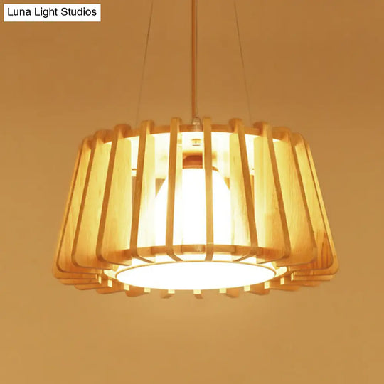 Modern 1-Light Wooden Drum Pendant Lamp With Inner Fabric Shade