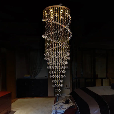 Modern 10-Head Spiral Hanging Lamp With Brass Finish Clear Crystals And Led Lights