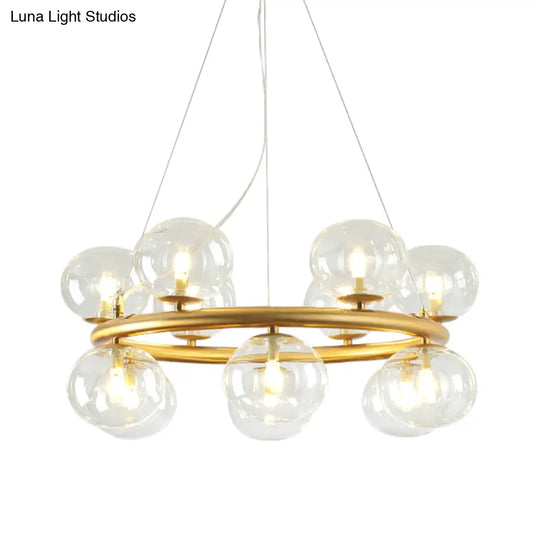 Modern 12-Bulb Gold Chandelier With Clear Glass Shade - Stylish Globe Suspension Light