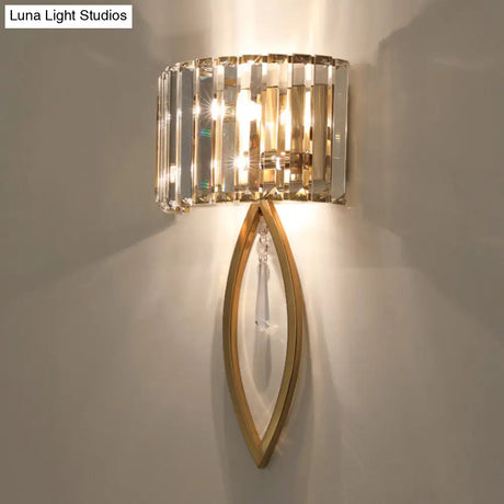Modern 2-Bulb Gold Flush Mount Sconce With Prismatic Crystal For Aisle Lighting