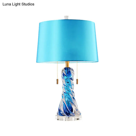 Modern 2-Head Conical Fabric Nightstand Lamp In Blue With Pull Chain - Task Lighting
