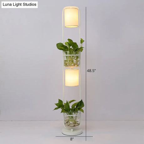 Modern 2-Headed Cylindrical Fabric Floor Lamp With Glass Plant Jar