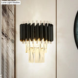 Modern 2-Light Clear K9 Crystal Wall Sconce Light Fixture In Black