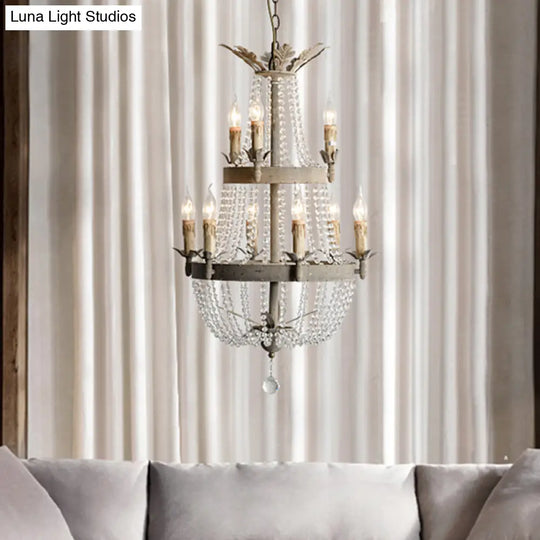 Modern 2-Tier Ceiling Chandelier With Clear Crystal 9 Heads Hanging Light Fixture