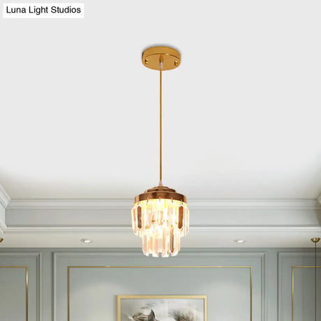 Modern 2-Tier Crystal Pendant Light With 1 Bulb Corridor Ceiling Suspension Lamp In Black/Gold