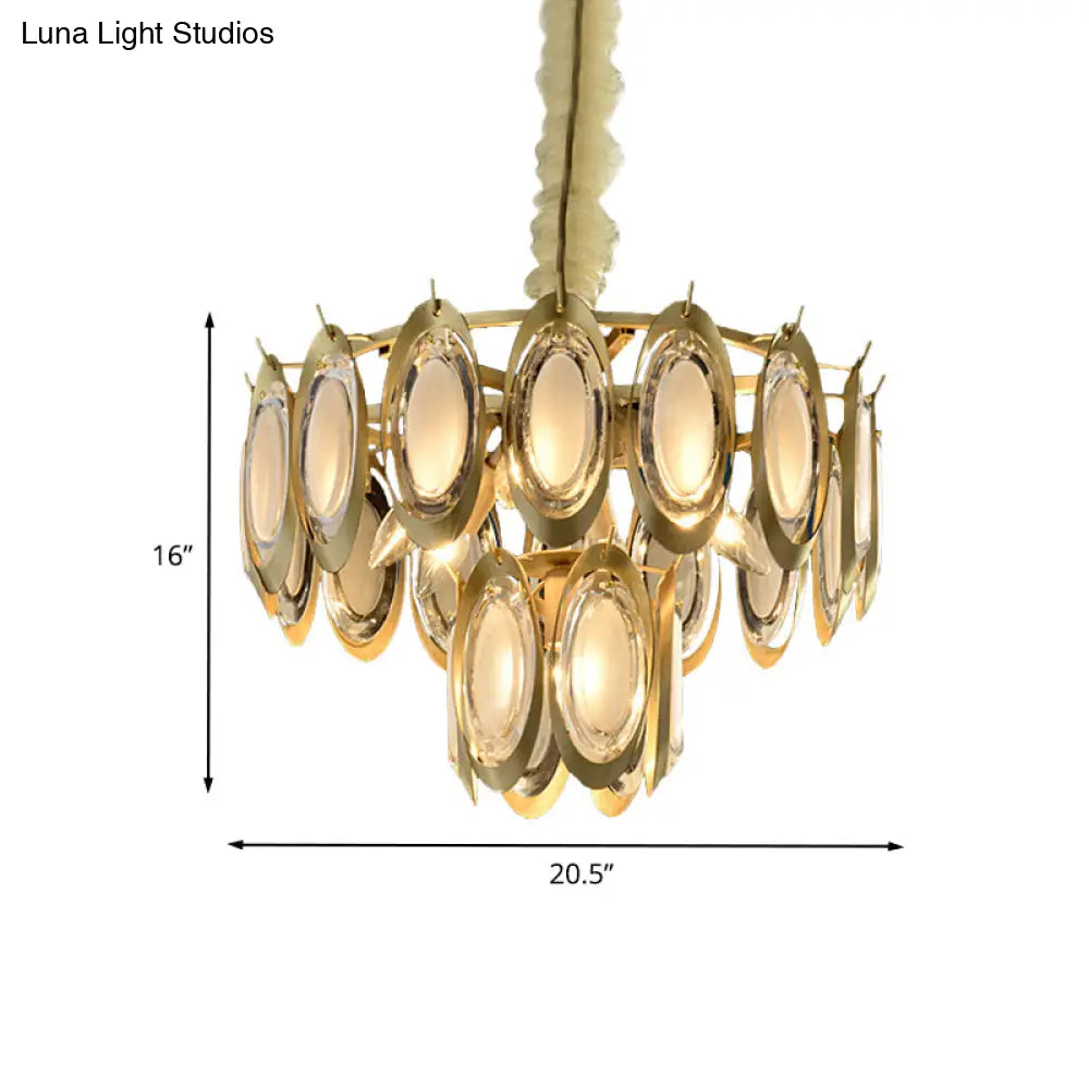 Modern 2-Tier Metallic Oblong Chandelier - Brass Finish 7 Hanging Bulbs Ceiling Lamp