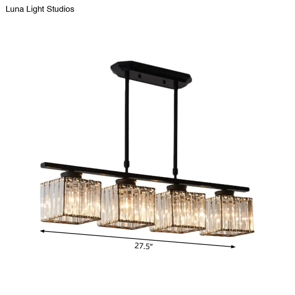 Modern 3/4-Light Square Hanging Ceiling Fixture With Clear Crystal In Black/Gold For Dining Room