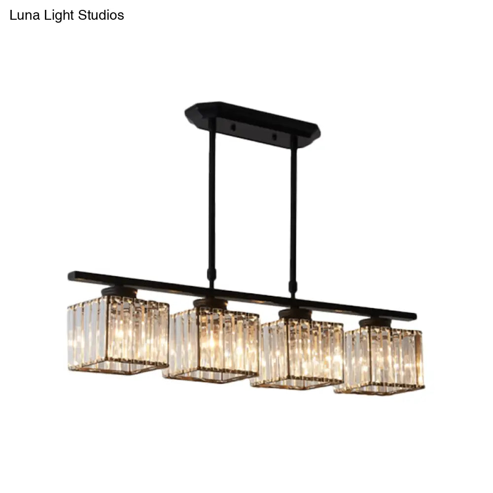 Modern 3/4-Light Square Hanging Ceiling Fixture With Clear Crystal In Black/Gold For Dining Room