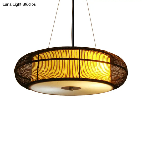 Modern 3-Head Bamboo Pendant Light With Stylish Drum Shade For Dining Room Ceiling (Black/Wood)