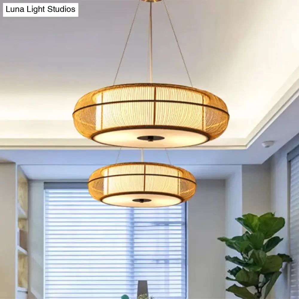 Modern 3-Head Bamboo Pendant Light With Stylish Drum Shade For Dining Room Ceiling (Black/Wood)