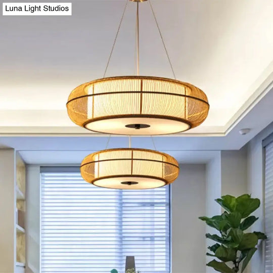 Modern 3-Head Bamboo Pendant Light With Stylish Drum Shade For Dining Room Ceiling (Black/Wood)