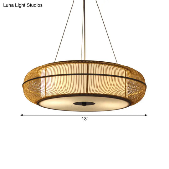 Modern 3-Head Bamboo Pendant Light With Stylish Drum Shade For Dining Room Ceiling (Black/Wood)