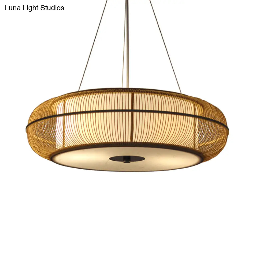 Modern 3-Head Bamboo Pendant Light With Stylish Drum Shade For Dining Room Ceiling (Black/Wood)