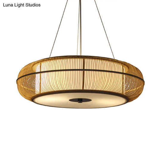 Modern 3-Head Bamboo Pendant Light With Stylish Drum Shade For Dining Room Ceiling (Black/Wood)