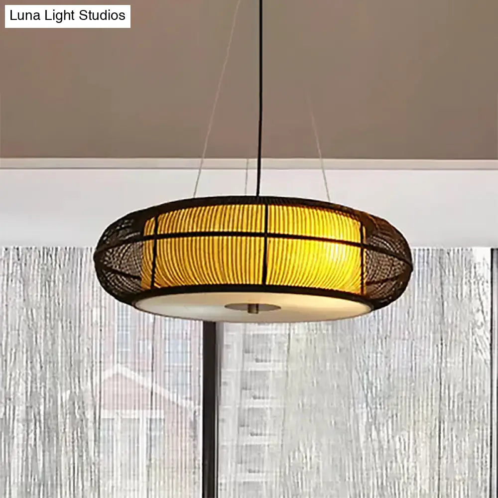 Modern 3-Head Bamboo Pendant Light With Stylish Drum Shade For Dining Room Ceiling (Black/Wood)