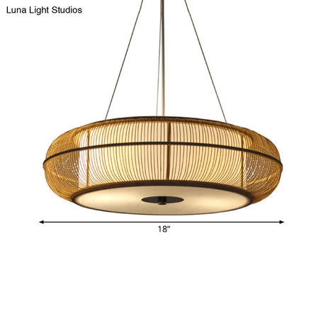 Modern 3-Head Bamboo Pendant Light With Stylish Drum Shade For Dining Room Ceiling (Black/Wood)