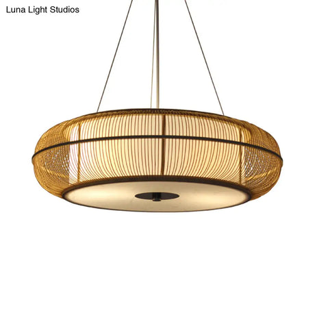 Modern 3-Head Bamboo Pendant Light With Stylish Drum Shade For Dining Room Ceiling (Black/Wood)