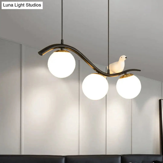 Modern 3-Head Black Island Pendant Lamp With Clear/White Glass Shades And Pigeon Decor
