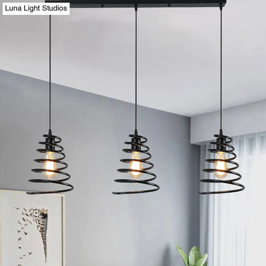 Black Conical Spring Iron Pendant Light With 3 Multi-Directional Heads For Loft Ceiling -