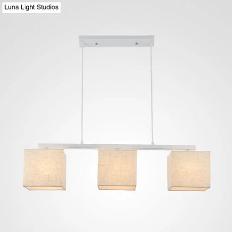 Modern 3-Headed Fabric Island Light Fixture For Kitchen - Square/Drum Style White Hanging Ceiling