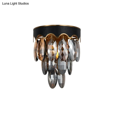 Modern 3-Layer Black Wall Mount Lighting: Beveled K9 Crystal Sconce With 2 Lights For Bedside