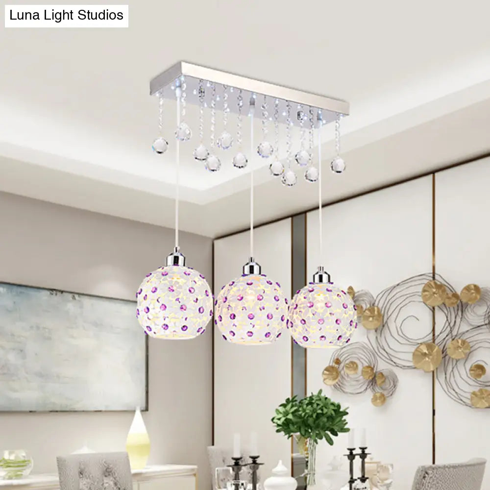 Modern 3-Light Crystal Dome Pendant With Laser-Cut White Shade And Cluster Design