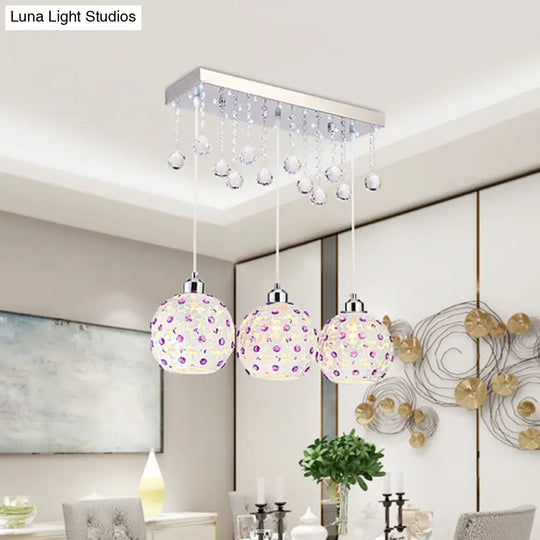 Modern 3-Light Crystal Dome Pendant With Laser-Cut White Shade And Cluster Design