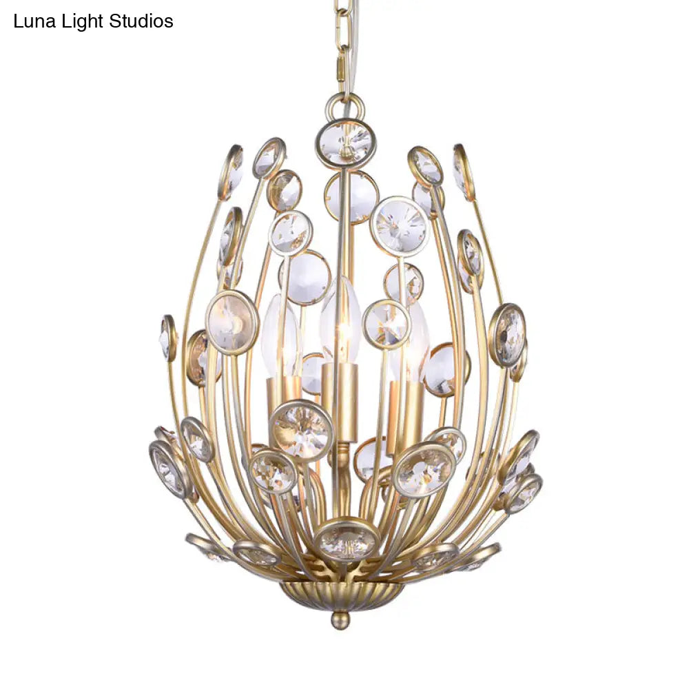 Gold Floral Chandelier With 3 Lights - Modern Style Metal And Crystal Hanging Fixture For Dining