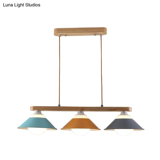 Modern 3-Light Island Pendant With Wood Accent In Blue Grey And Yellow Tones