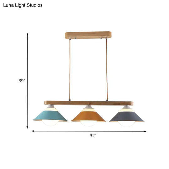 Modern 3-Light Island Pendant With Wood Accent In Blue Grey And Yellow Tones