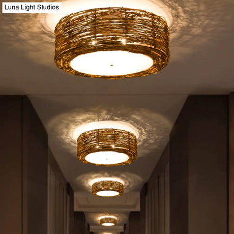 Modern 3-Light Rattan Flush Mount Ceiling Lamp - Hand-Woven Round Shade In Brown 16/19.5 Width Light