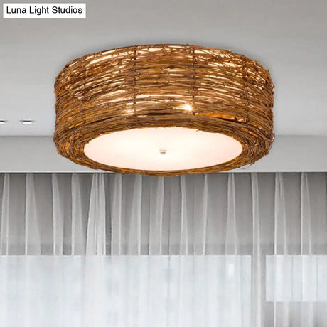 Modern 3-Light Rattan Flush Mount Ceiling Lamp - Hand-Woven Round Shade In Brown 16’/19.5’