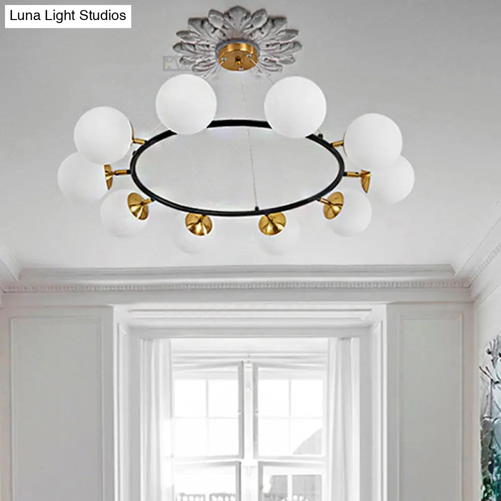 Modern 10-Light Milk White Glass Chandelier With 39 Wide Sphere - Black Ceiling Pendant