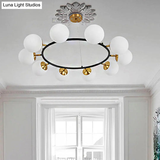 Modern 10-Light Milk White Glass Chandelier With 39 Wide Sphere - Black Ceiling Pendant