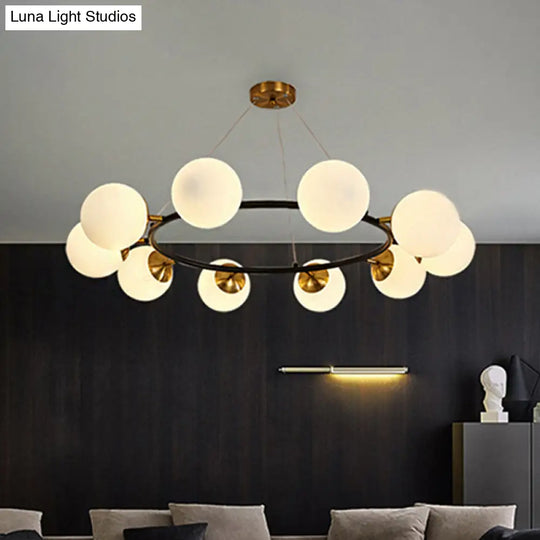 Modern 39’ Wide Milk White Glass Chandelier With 10 Lights- Black Ceili