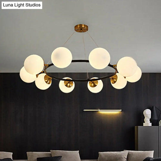 Modern 10-Light Milk White Glass Chandelier With 39 Wide Sphere - Black Ceiling Pendant