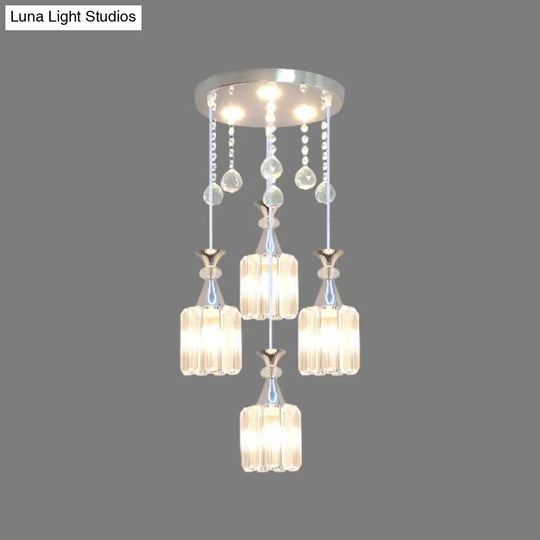 Modern 4-Head Crystal Cylinder Pendant Light With Silver Finish