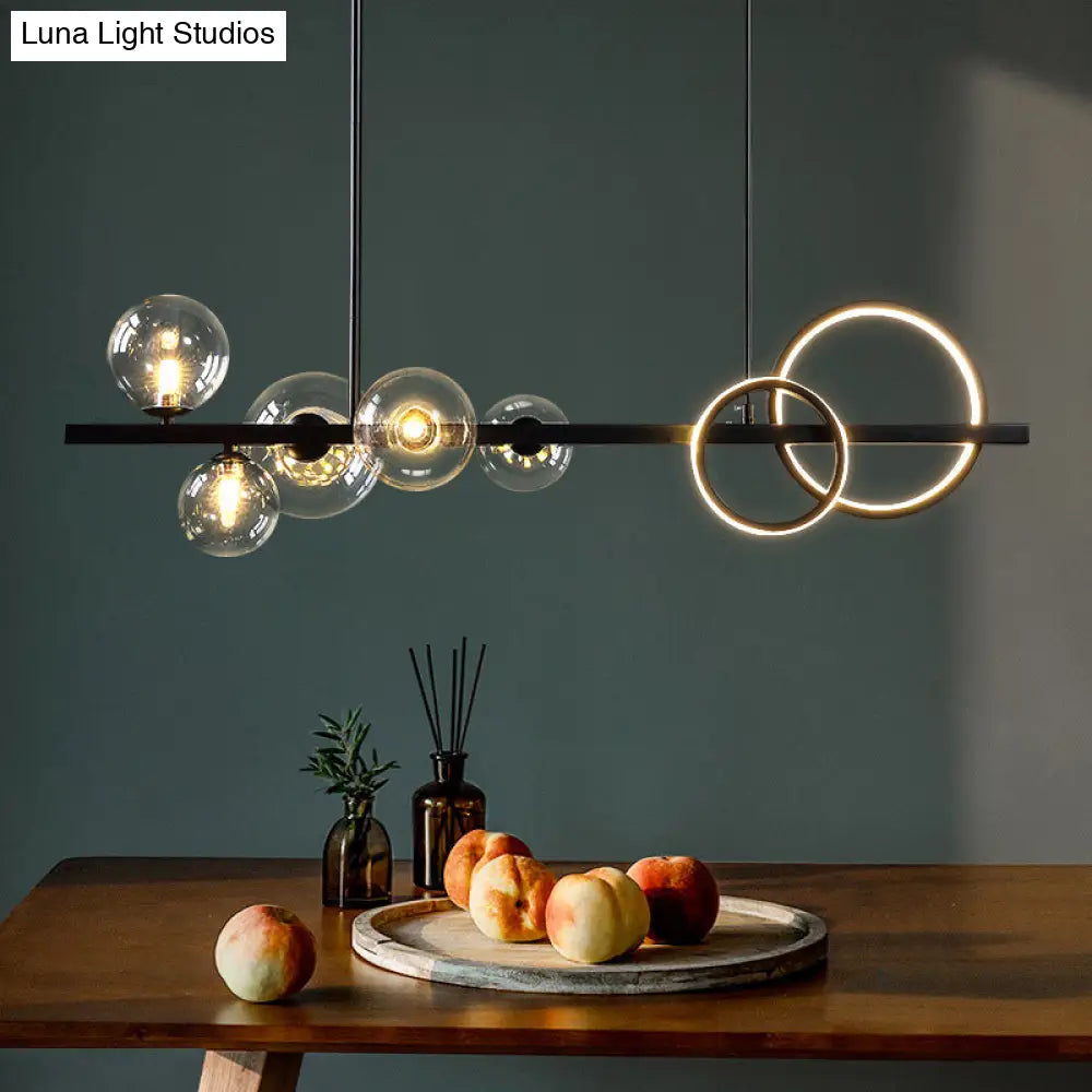 Modern 5-Light Black Metal Pendant Lighting With Spherical Glass For Dining Table