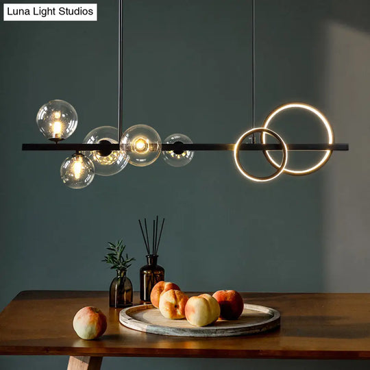 Modern 5-Light Black Metal Pendant Lighting With Spherical Glass For Dining Table