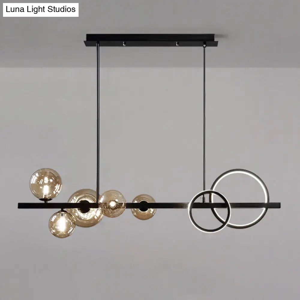 Modern 5-Light Black Metal Pendant Lighting With Spherical Glass For Dining Table Cognac