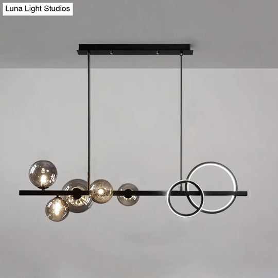Modern 5-Light Black Metal Pendant Lighting With Spherical Glass For Dining Table Smoke Gray