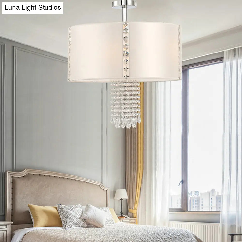 Modern 5-Light Chandelier: White Round Drop Pendant With Fabric Shade And Crystal Beads