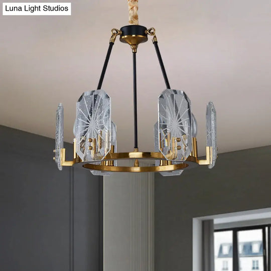 Modern Crystal Glass 6-Bulb Geometric Chandelier With Black And Gold Ring