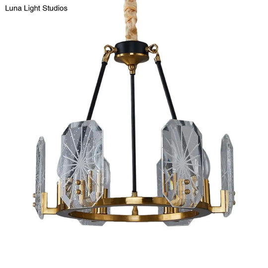 Modern Crystal Glass 6-Bulb Geometric Chandelier With Black And Gold Ring